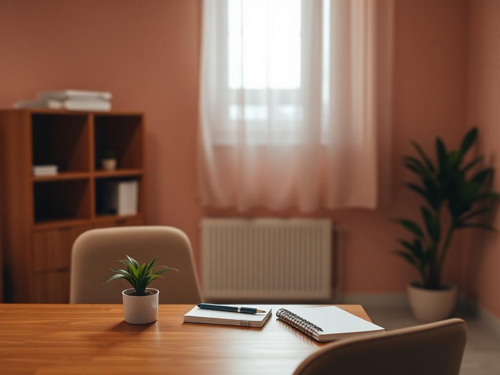 Consultório ginecológico acolhedor com mesa de madeira
